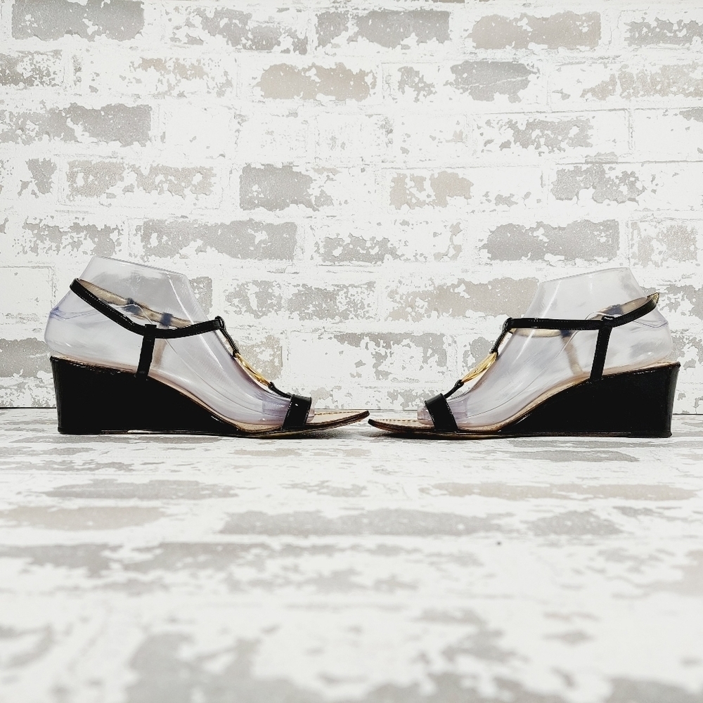 Juicy Couture Black Gold Platform Patent Leather Sandal Wedge Straps O347 - Picture 7 of 13